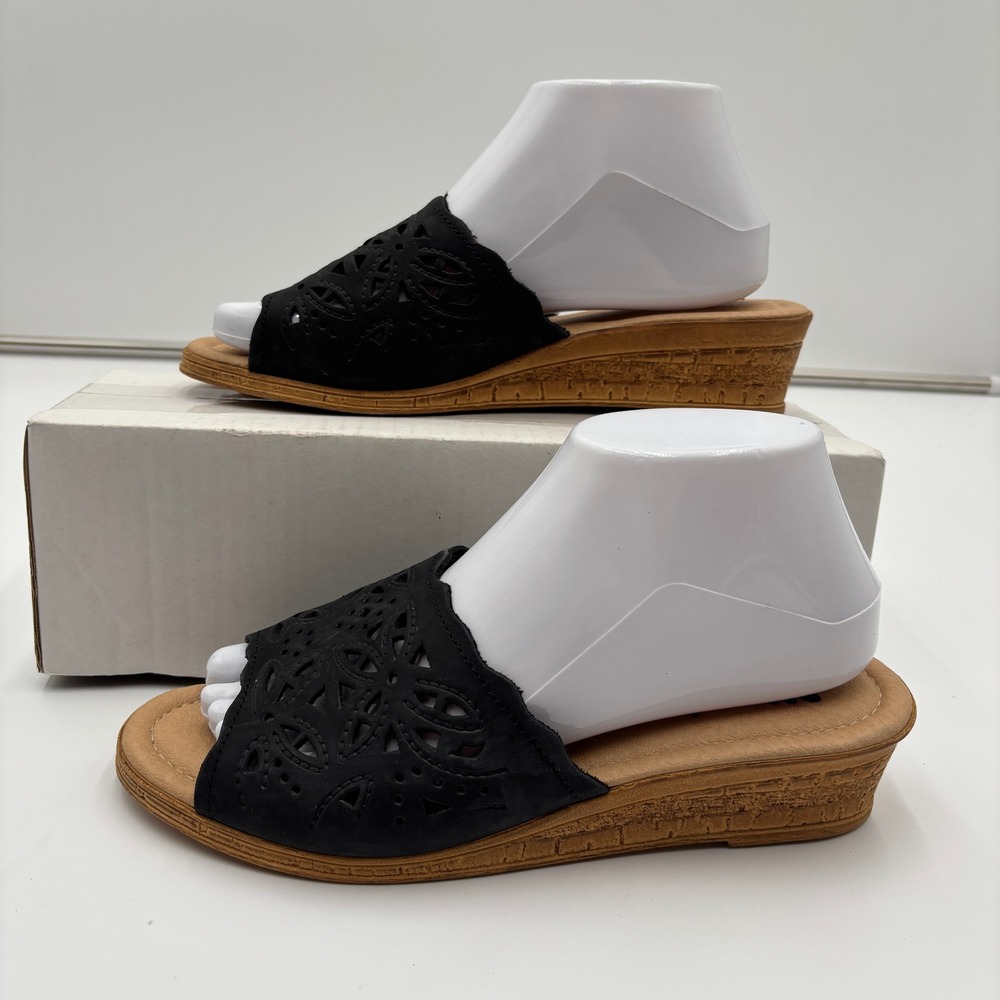 Spring Step Black Laser-Cut Wedge Slide Sandals